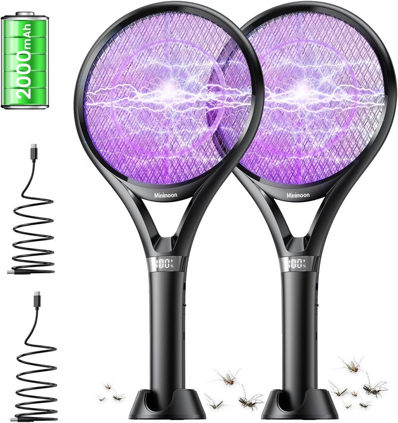 Minimoon 2Pack Electric Fly Swatter with LED Display, 2000mAh Rechargeable Fly Swatter Racket, 2500V Bug Zapper Racket Dual Modes, Mosquito Killer Lamp with 3 Layers Safety Mesh for Indoor Outdoor - Image 1